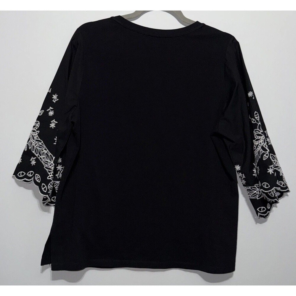 Chico's Blouse Sz 2 Black White Embroidered Bell Sleeves L Cottagecore Chic Top - Picture 5 of 6